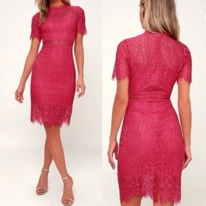LULUS Remarkable Fuchsia Lace Short Sleeve Mini Dress - hot pink size M